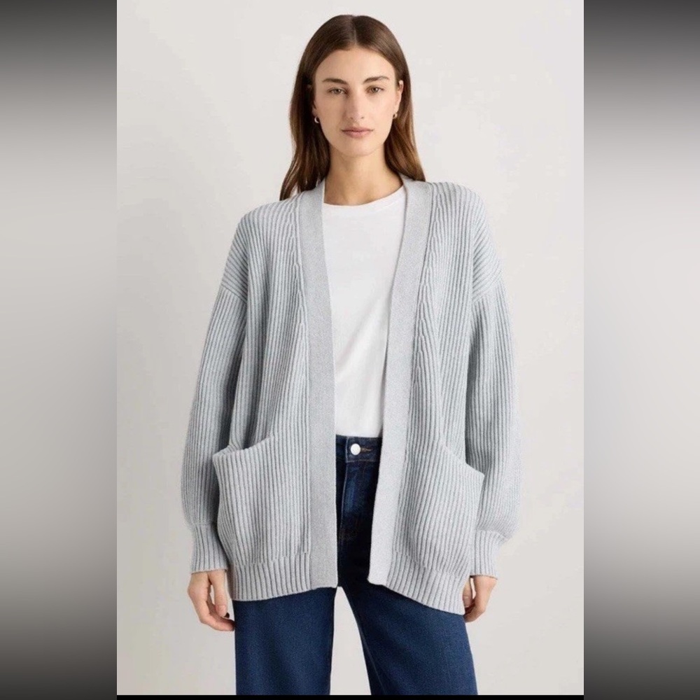 Quince Blue Ribbed Open-Front Cardigan - Picture 10 of 12